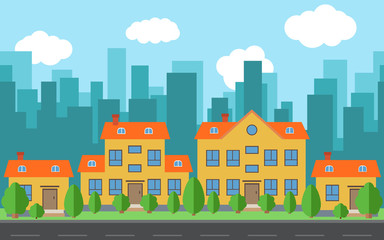 Vector city with cartoon houses and buildings with green trees and shrubs. City space with road on flat style background concept. Summer urban landscape. Street view with cityscape on a background
