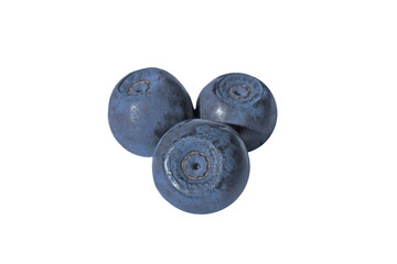 three big blueberries without leaves isolated on white background