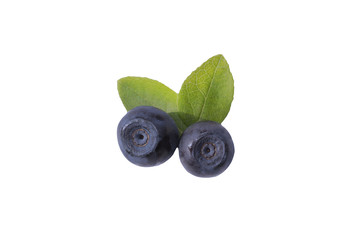 two large blueberries with leaves isolated on white background