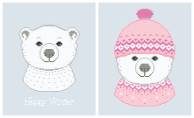 Vector illustrations of polar bear in a knitted hat. Set of cute posters with animal. Can be used in embroidery, knitting or in the printing industry, textiles.