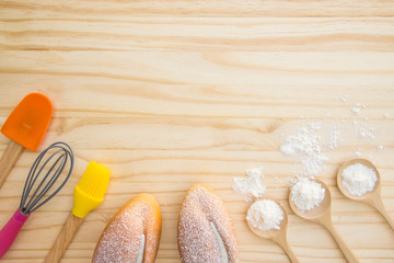 Tools and Ingredients for baking, top view