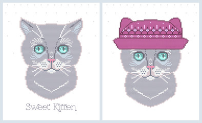 Vector illustrations of cat in a knitted hat. Set of cute posters with animal. Can be used in embroidery, knitting or in the printing industry, textiles.