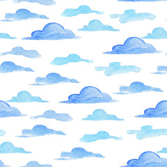 Hand drawing seamless pattern of blue clouds. Watercolor illustr
