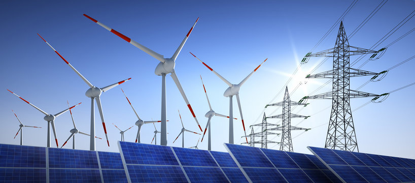 Konzept - Energiequelle Wind und Solar mit Stromleitungen