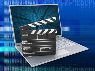 Fototapeta na wymiar 3d illustration of laptop over digital background with binary data screen and film clap