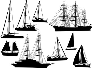 nine black ship silhouettes isolated on white