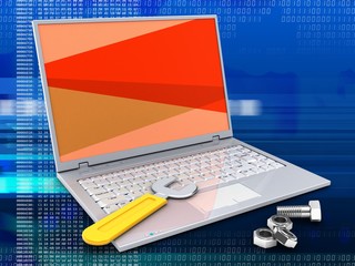 3d illustration of laptop over digital background with red screen and wrench and nuts