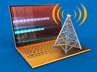 3d illustration of golden computer over blue background with red digital screen and antenna