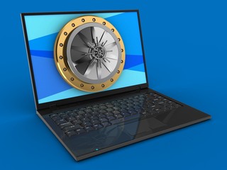 3d illustration of laptop computer over blue background with blue screen and vault door