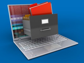 3d illustration of laptop over blue background with red digital screen and archive