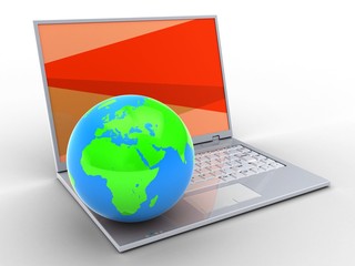 3d illustration of laptop over white background with red screen and globe