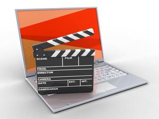Fototapeta na wymiar 3d illustration of laptop over white background with red screen and film clap