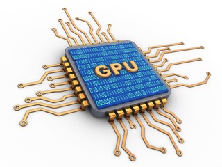 3d illustration of microchip over white background with gpu sign and binary code inside - 136538946