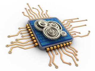 3d illustration of microchip over white background with gears and binary code inside