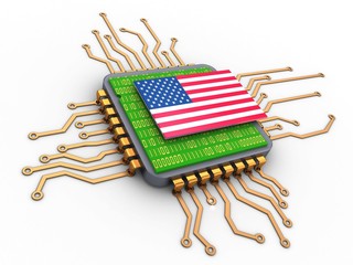 3d illustration of microchip over white background with USA flag and with code inside