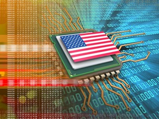 Fototapeta premium 3d illustration of electronic board over digital background with USA flag