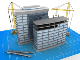 3d illustration of modern buildings over blueprint background with cranes