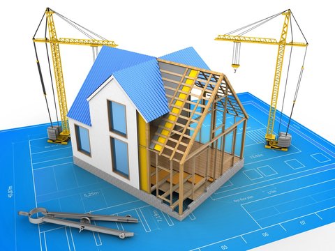 3d illustration of house construction over blueprint background with cranes