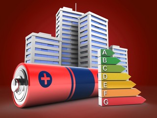 3d illustration of battery over red background with city and efficient ranks