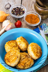 Cutlets in a ceramic bowl