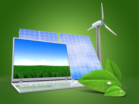 3d illustration of computer over green background with solar and wind energy and leaf