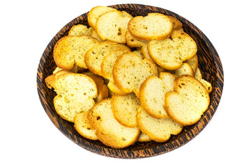 Fried slices of bread for bruschetta