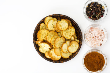 Fried slices of bread for bruschetta
