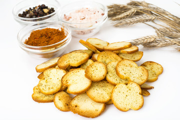 Fried slices of bread for bruschetta