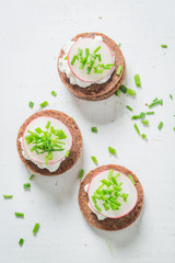 Tasty pumpernickel bread with cottage cheese and chive