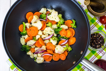 Fried mix vegetables in a pan in oil