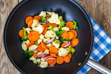 Fried mix vegetables in a pan in oil