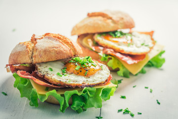 Delicious burger with eggs, cheese and bacon on white table