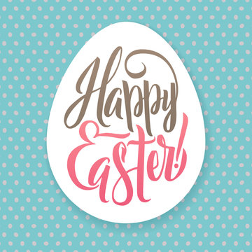 Easter Greetings Typographical Egg Shape Greeting Card. Hand Lettering, Calligraphy Polka Dot Vector Illustration