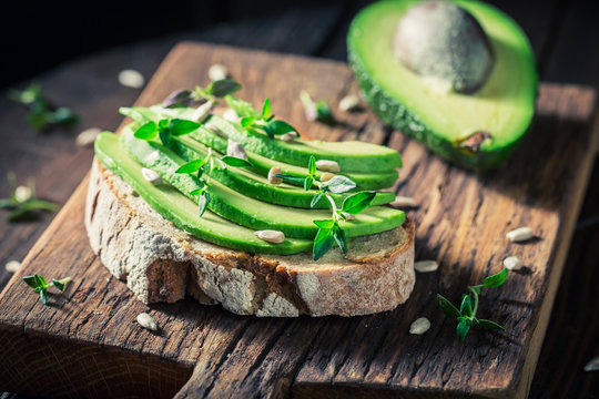 Healthy wholegrain bread with avocado and seeds