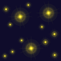 Night star sky. Bright yellow stars with long beams on dark blue background. Vector illustration EPS10