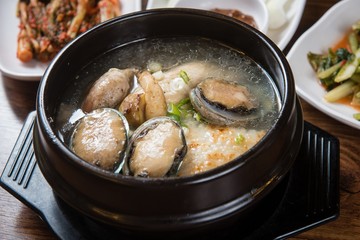 abalone chicken soup.   jeonbok samgyetang