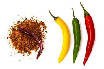 Chili, red pepper flakes, corns and chili powder