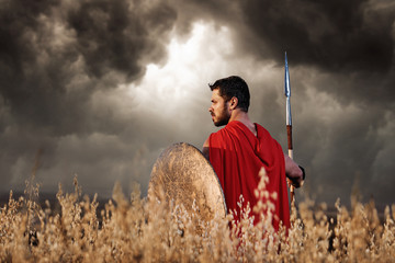 Back view of warrior wearing in red cloak like spartan. - obrazy, fototapety, plakaty