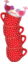 Stack of red tea cups with hearts and birds
