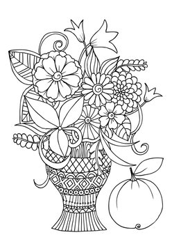 Monochrome vector drawing of a vase with flowers for adult color
