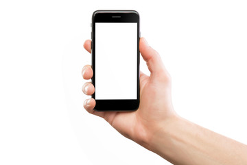 Male hand holding black cellphone isolated at white background.