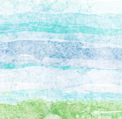 Fototapeta na wymiar Abstract hand drawn watercolor striped background on textured paper in light blue and green colors 