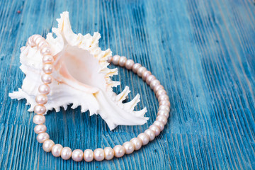 Pearl necklace on a blue background