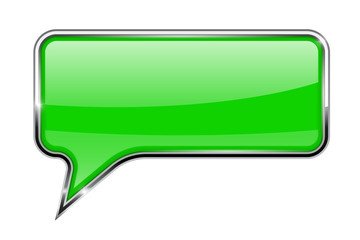 Speech bubble. Green 3d icon with chrome frame