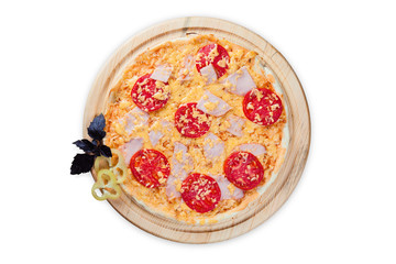 pizza on round wooden plates on a white background