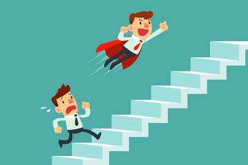 businessman in red cape flying pass his competitor on stair