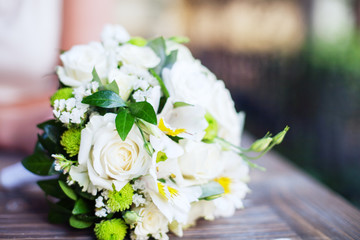 Wedding bouquet of white roses. Concept background.