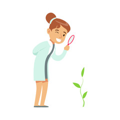 Girl Botanist Studying Plant, Kid Doing Botany Science Research Dreaming Of Becoming Professional Scientist In The Future