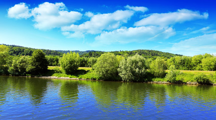 Silent lake under blue sky.