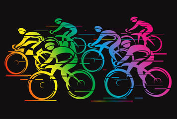 Peleton cycle race rainbow color.
Stylized colorful drawing of cyclists on the black background. Vector available.
